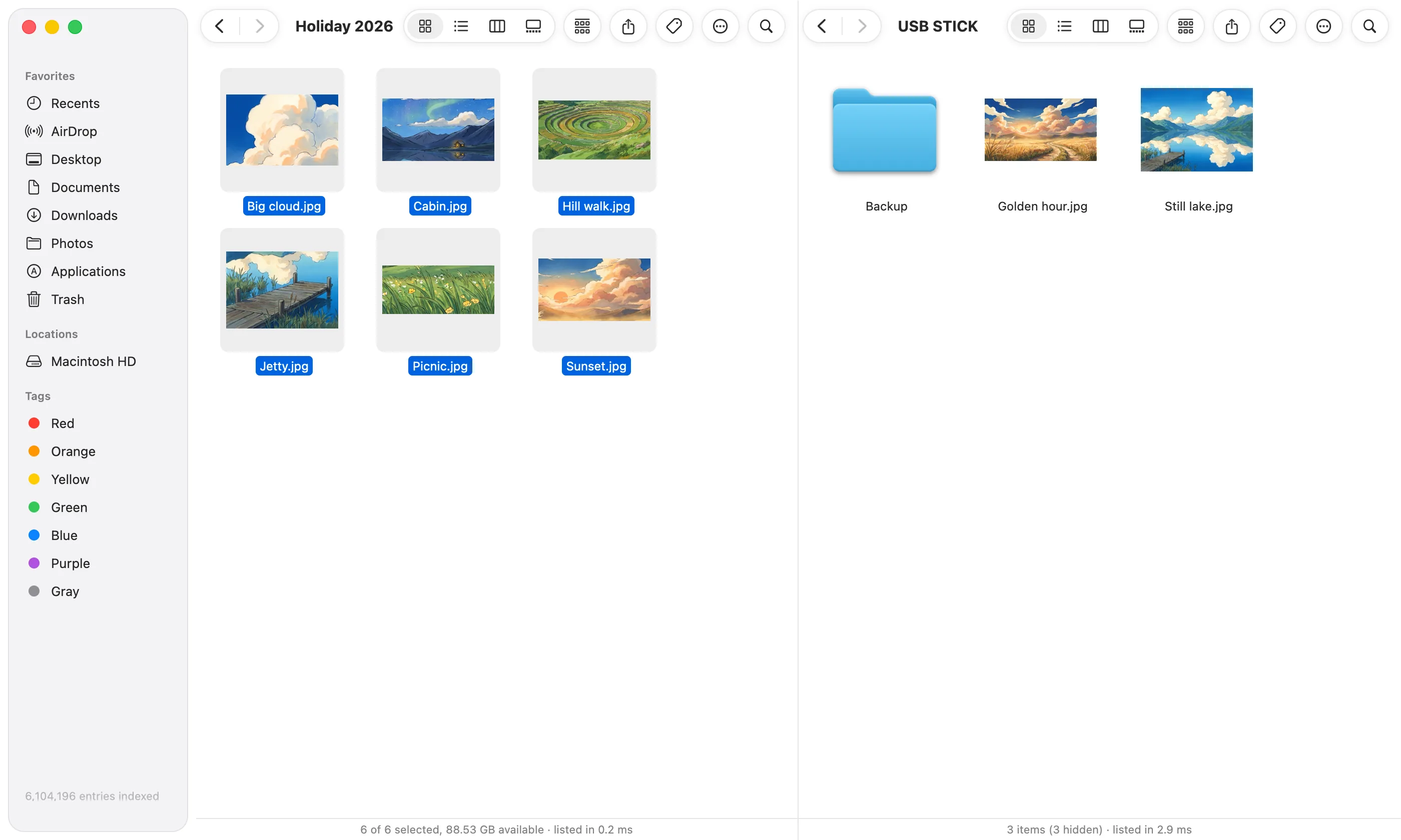 Two folders side by side: holiday photos on the left, a USB stick on the right