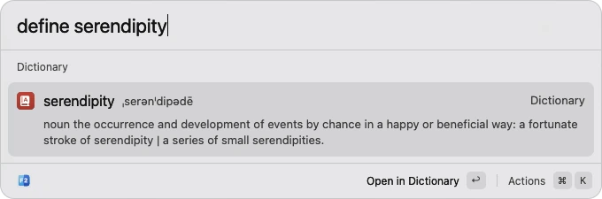 Quick Open with the Dictionary's meaning of serendipity