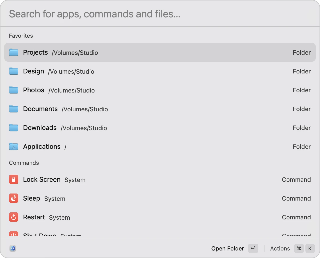 Quick Open with nothing typed: favorite folders and commands