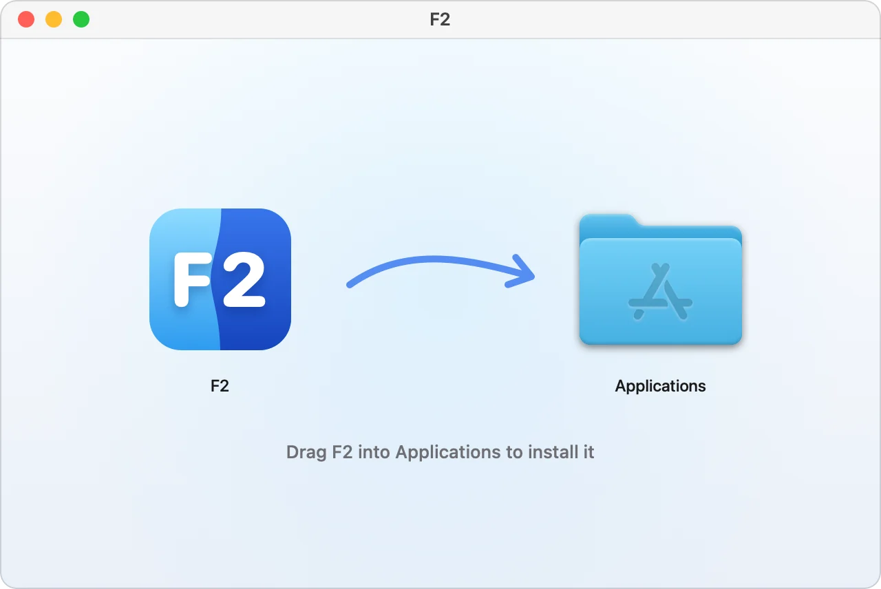 F2's disk image: F2 on the left, an arrow, and the Applications folder on the right