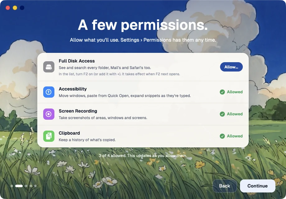 F2's welcome: a few permissions, each with what it's for and a button to allow it