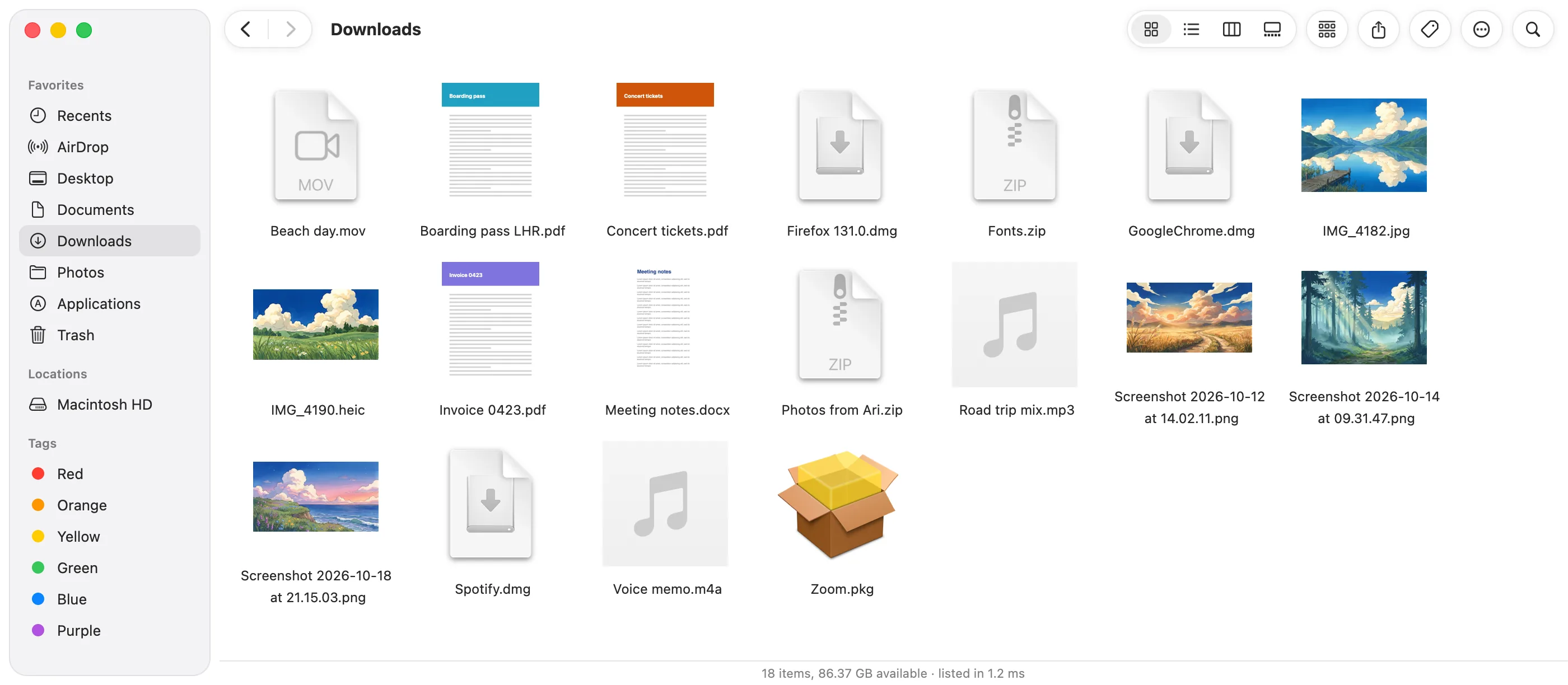 A Downloads folder full of loose screenshots, photos, PDFs, installers and zips